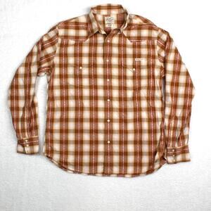 Lucky Brand Button Up Shirt Mens Large Brown Western Plaid Pearl Snap Rockabilly